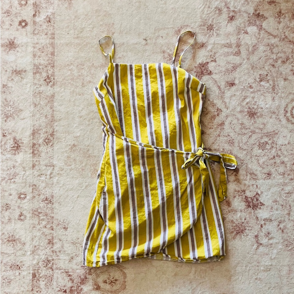 Yellow and White Striped Wrap Dress
